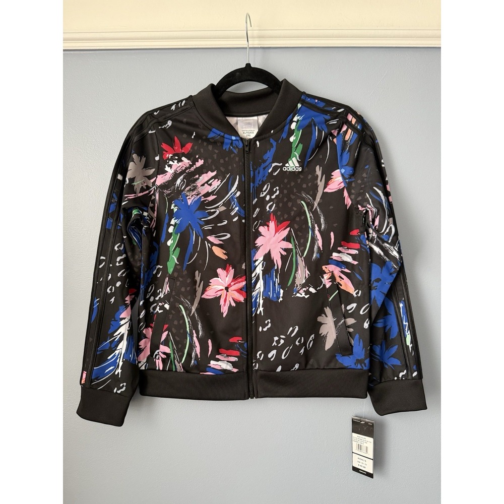 Adidas NWT Floral Print Tricot Track Jacket Girls Lightweight Black Sz‎ XL  (16)